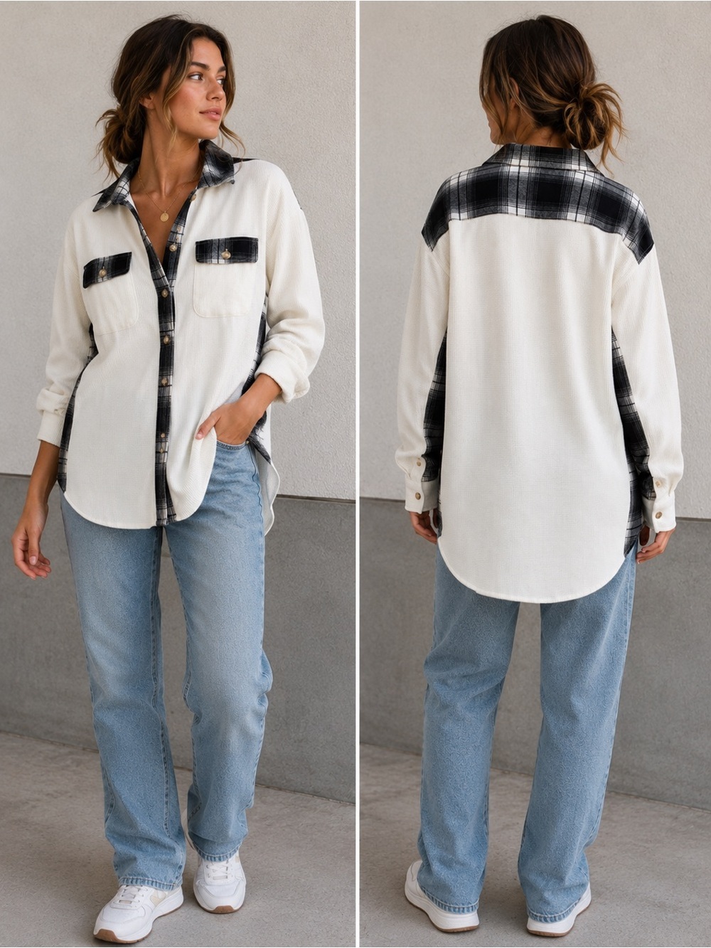 Waffle Knit Plaid Shacket Shirt Jacket White Black High Low Hem Size M NWOT
